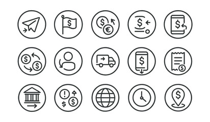 Line style icons of round money transfers and remittance: round send icon, round remittance flag, round currency pick, round fee display, round transfer app, round transfer route, round recipient