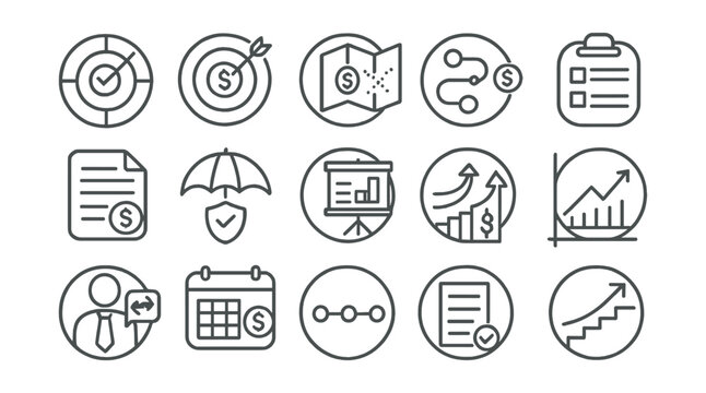 Line style icons of round financial planning: round plan icon, round money goals, round financial map, round budgeting path, round income plan, round risk management, round asset plan, round future