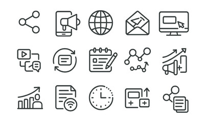 Line style icons of content distribution: share icon, social push, content network, email blast, platform publish, media channels, repost strategy, content calendar, distribution flow, organic reach,
