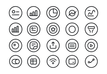 Line style icons of round data and dashboard UI: round KPI card, round stat widget, round chart view, round pie graph, round line graph, round bar icon, round analytics block, round data badge, round