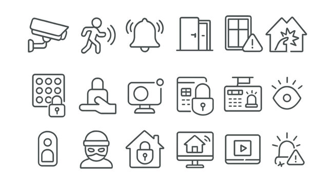 Line style icons of smart home security: surveillance camera, motion alert, smart alarm, door sensor, window sensor, break-in alert, security code, emergency button, camera recording, alarm system,