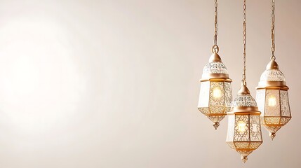 Three hanging lanterns, light beige background