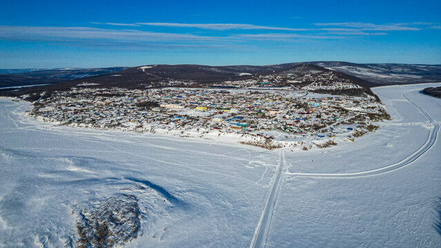 Aerial of Tura on the Yenisei river, Krasnoyarsk Krai, Evenki state, Russia