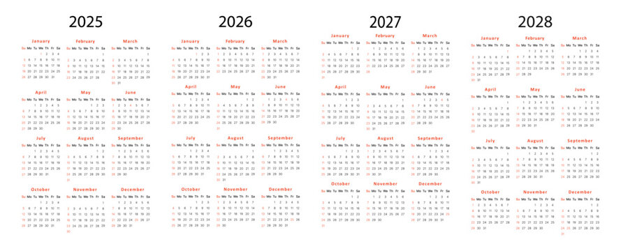 Set of vector calendars for 2025-2028. Includes 12-month sheets with weeks starting on Sunday. Perfect for desk calendar design, planning, and printable templates.