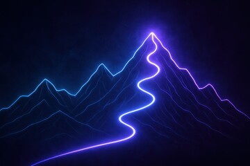 Abstract digital landscape of a glowing neon mountain range with a luminous path leading to the summit symbolizing the journey to success and achieving business goals.