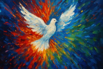 Obraz premium Abstract expressionist painting of a radiant white dove ascending amidst a vortex of vibrant rainbow colored brushstrokes symbolizing peace hope and spiritual freedom.