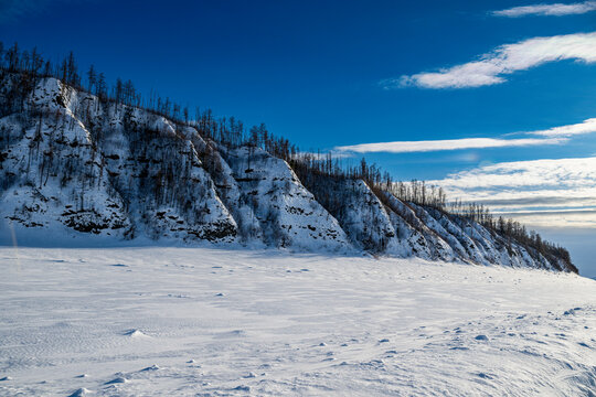 Ice road on the Yenisei river, Tura, Krasnoyarsk Krai, Evenki state, Russia
