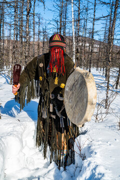 Traditional dressed Shaman, Tura, Krasnoyarsk Krai, Evenki state, Russia