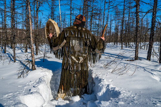 Traditional dressed Shaman, Tura, Krasnoyarsk Krai, Evenki state, Russia