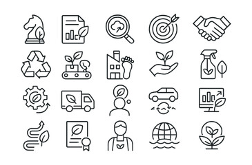 Line style icons of sustainability in business: green strategy, ESG report, carbon audit, sustainability goal, ethical sourcing, circular economy, green supply chain, corporate footprint, green