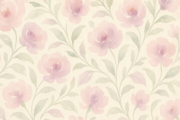 Abstract seamless watercolor wallpaper featuring soft pastel floral motifs and delicate leafy vines on a textured light beige or cream background.