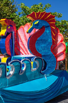 Carnival floats in the Caribbean island of Isla Mujeres near Cancun, Quintana Roo state, Mexico