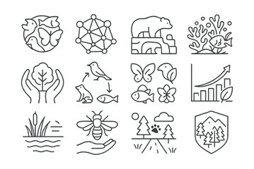 Line style icons of biodiversity and ecosystems: species icon, ecosystem web, keystone species, coral reef icon, habitat protection, food chain icon, species diversity, biodiversity graph, wetland