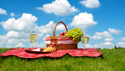 A picnic basket with fruits, two glasses with drinks and a plate with snacks are laid out on a red checkered blanket on green grass under a blue sky with white clouds.