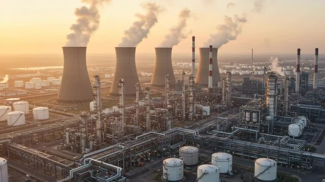 Industrial complex with smoke stacks during sunset from above  