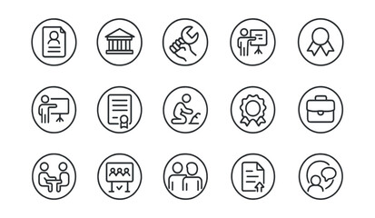 Line style icons of round career and vocational training: round resume icon, round skill badge, round trade school, round hands-on badge, round workshop icon, round job training, round certification