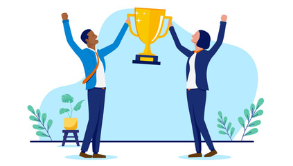 Businesspeople celebrate success with a golden trophy, symbolising achievement, victory, award, corporate triumph, and winning in business. Flat design vector illustration graphic on white background