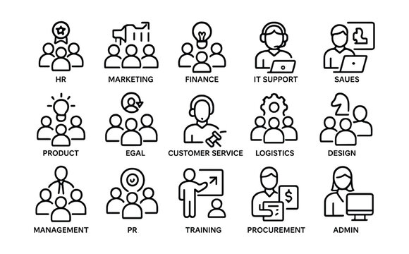 Line style icons of company departments: HR department, marketing team, finance group, IT support, sales unit, product team, R&D division, customer service, logistics team, design studio, management