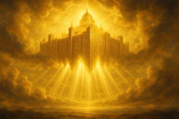 Fototapeta premium Awe inspiring depiction of the New Jerusalem from the Book of Revelation descending from a glorious golden sky a radiant city of divine light and biblical prophecy.