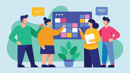 Cartoon vector illustration of business people using technology and mobile devices in various office and work situations