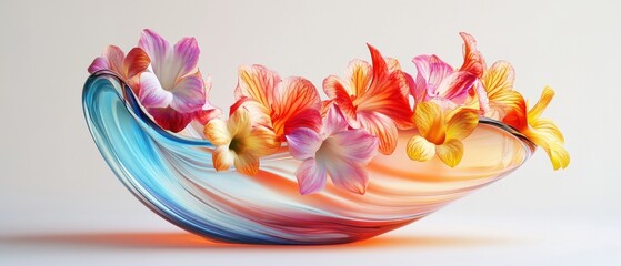 Elegant floral arrangement in glowing art glass vase featuring vibrant colors