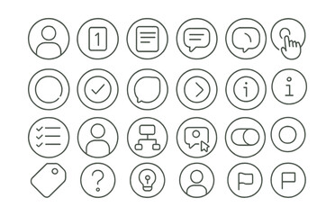 Line style icons of round onboarding and walkthrough: round intro screen, round step 1 icon, round tutorial card, round guide bubble, round highlight tap, round progress ring, round complete badge,