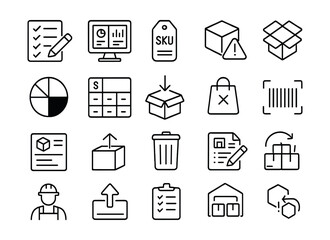 Line style icons of inventory and product management: stock count, inventory dashboard, SKU tag, stock alert, product variant, color option, size chart, restock icon, out of stock, barcode scan,