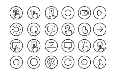 Line style icons of round UI & interaction: round button tap, round swipe icon, round scroll icon, round hover state, round toggle on/off, round input focus, round feedback state, round tap area,
