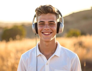 Smiling teenage boy wearing headphones
