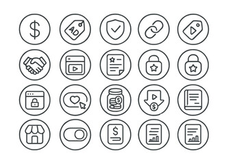 Line style icons of round monetization and content business: round revenue icon, round ad tag, round sponsor badge, round affiliate link, round brand deal, round content package, round premium post,