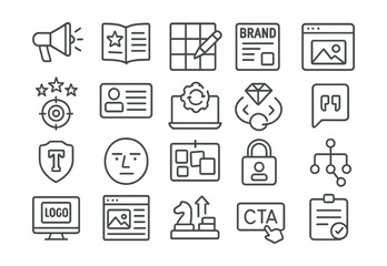 Line style icons of branding in digital marketing: brand voice, brand guide, color palette, brand logo, style guide, visual identity, brand consistency, brand assets, slogan icon, typography badge,
