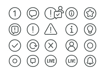 Line style icons of round UI feedback and alerts: round notification icon, round toast message, round inline alert, round confirmation popup, round feedback badge, round error message, round warning