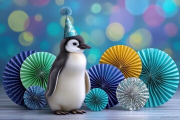 Naklejka premium Celebration of joy in a vibrant studio with a delightful penguin wearing a festive party hat among colorful decorations