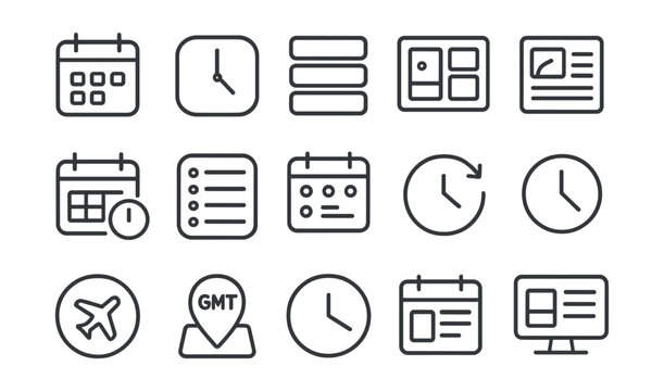 Line style icons of content scheduling tools: calendar icon, time slot, post queue, content planner, post preview, schedule editor, social slots, repeat post, posting time, auto post icon, timezone