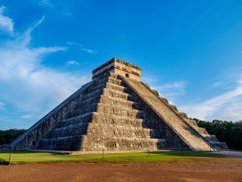 El Castillo or Temple of Kukulcan at sunset, Chichen Itza, Yucatan State, Mexico