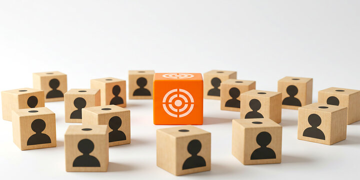 Orange marketing cube among wooden cubes with user icons for strategy and team targeting concept