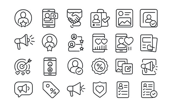 Line style icons of influencer marketing: influencer badge, sponsored post, collab icon, product mention, paid promotion, reach boost, brand ambassador, influencer tier, engagement rate, story