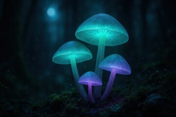 Ethereal macro photograph of bioluminescent mushrooms glowing with mystical turquoise and purple light in an enchanted moonlit fairy tale forest.