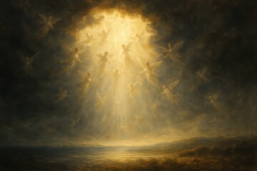 Naklejka premium Ethereal oil painting depicting a break in dramatic storm clouds revealing divine golden heavenly light shining down upon a serene Earth as angelic figures descend.