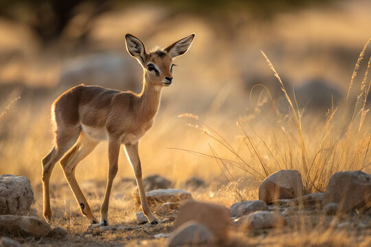 Young Dik-dik Antelope Standing in Dry Grassland at Sunset