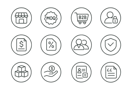 Line style icons of round business to business shopping: round wholesale icon, round MOQ badge, round B2B cart, round trade login, round invoice request, round tax exempt, round business account,