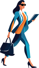 Stylish businesswoman walking with tablet and bag isolated on white background