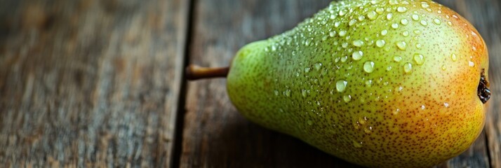 Fresh pear with glistening water droplets resting on rustic wooden planks surface