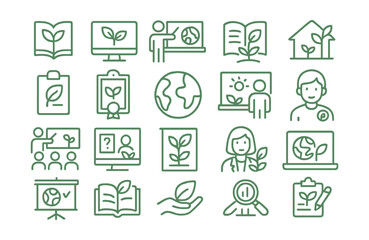 Line style icons of eco education and learning: green curriculum, eco course, sustainability lesson, environmental book, school garden, nature study, eco certificate, earth science icon, climate
