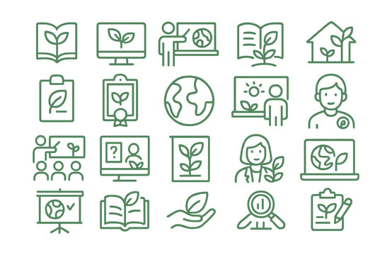 Line style icons of eco education and learning: green curriculum, eco course, sustainability lesson, environmental book, school garden, nature study, eco certificate, earth science icon, climate