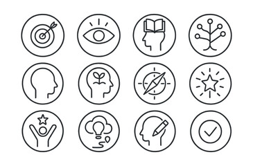 Line style icons of round educational goals and vision: round mission icon, round vision icon, round lifelong learning, round knowledge tree, round open mind, round growth mindset, round learning