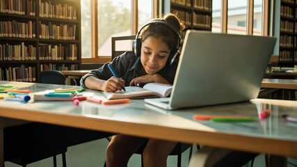 Happy Girl Engaged in Online Learning. A cheerful young girl wearing headphones smiles brightly while using a tablet for online learning in a library setting. Surrounded by books and school supplies - Powered by Adobe