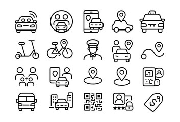 Line style icons of shared mobility and ride-hailing: ride share icon, carpool badge, ride-hailing app, taxi icon, e-scooter share, bike share, driver icon, vehicle request, pool ride, smart mobility