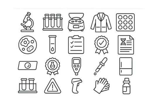 Line style icons of laboratory and test equipment: microscope icon, test tubes, centrifuge icon, lab coat, sample tray, specimen icon, blood vial, lab checklist, analysis badge, test report,