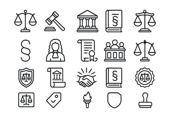 Line style icons of legal symbols and justice: scales of justice, gavel icon, courthouse icon, law book, legal document, paragraph symbol, judge icon, legal scroll, courtroom icon, justice balance,